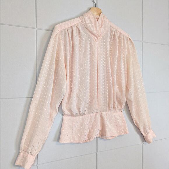 Vintage 80s pink high neck pleated satin romantic blouse - Picture 2 of 7